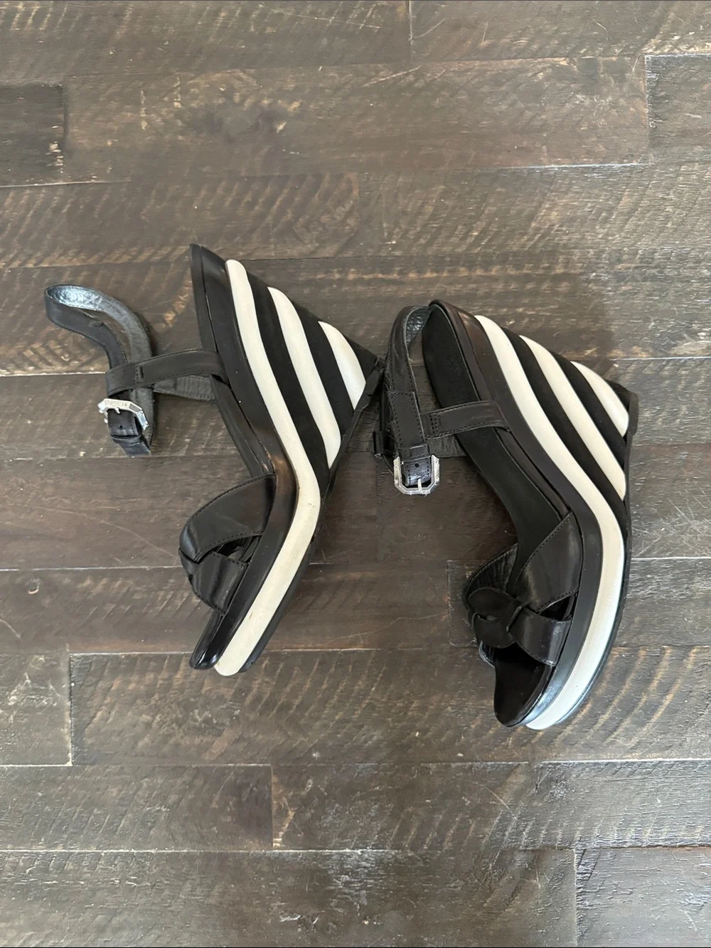 Stuart Weitzman Attitude Black White Striped Wedge Sandals - Picture 3 of 7